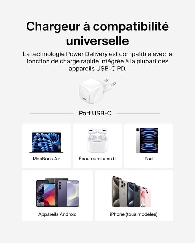 Detalle de Belkin Chargeur secteur compact BoostCharge 30 W USB‑C Power Delivery (câble USB‑C vers C inclus, blanc)