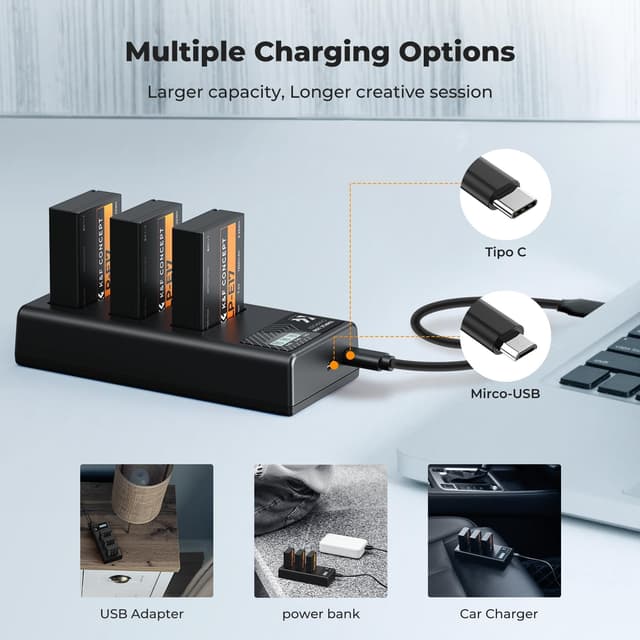 Detalle de K&F CONCEPT 3er-Set LP-E17 1.250 mAh Akku + 3-Schacht-Ladegerät mit LCD (für Canon EOS)