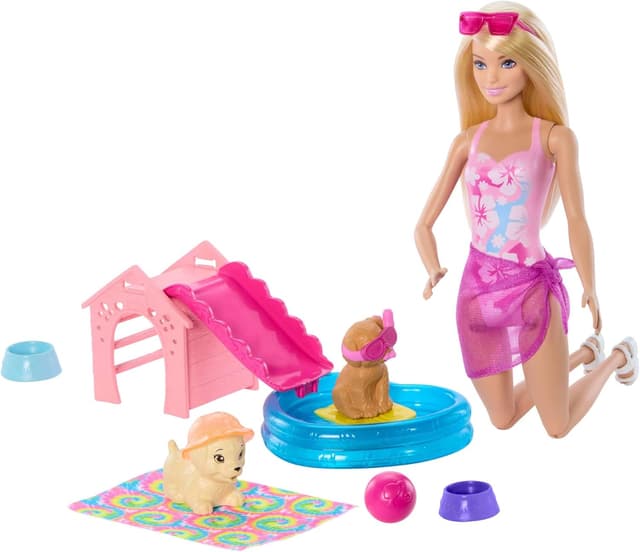 Detalle de Barbie Piscina dei Cuccioli (JBF35) set con effetto cambia colore, scivolo e bambola inclusa