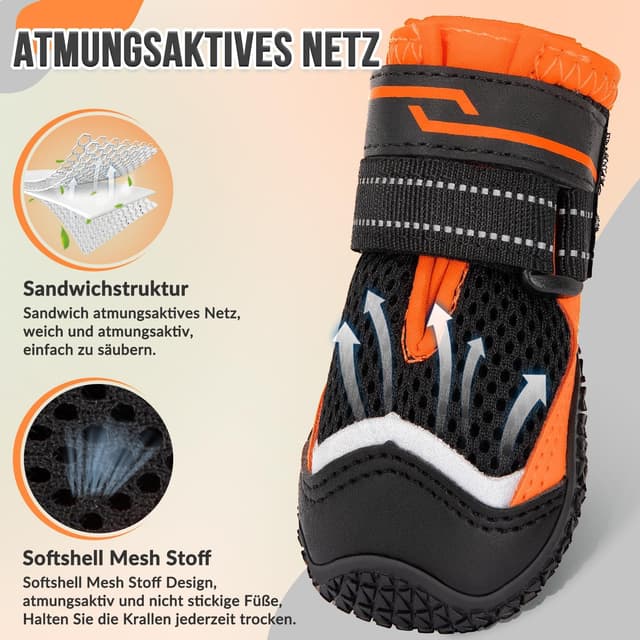 Detalle de Eyein Hundeschuhe Pfotenschutz (2 Stück) atmungsaktiv mit rutschfester Sohle und reflektierendem Klettverschluss, Orange – Größe 5