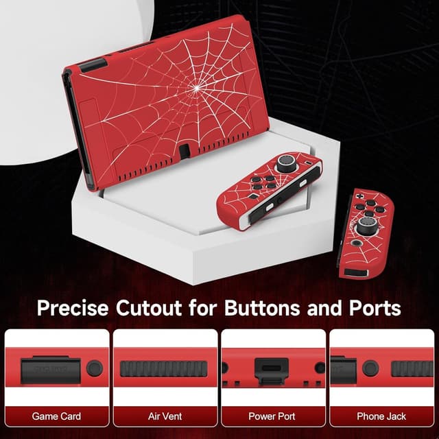 Detalle de JINGDU TPU Case for Nintendo Switch OLED (2021) with 4 Thumb Grips – Red Spider Web