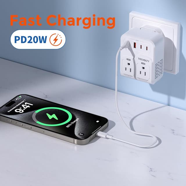 Detalle de TREVOLTY 2000W Voltage Converter (US to Europe) — 7-in-1 220V to 110V Travel Adapter with PD20W USB-C/USB Ports