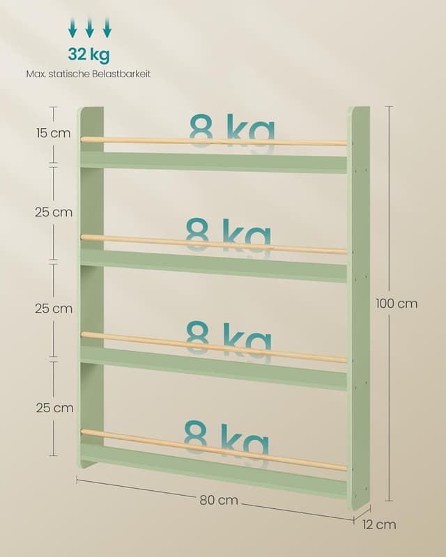 Detalle de SONGMICS Kinder-Bücherregal GKR014CE02 mit 4 Ebenen (wandmontiert) – lorbeergrün/natur