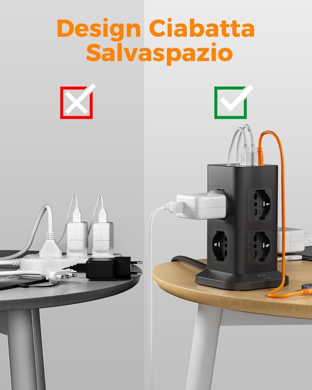 Detalle de TESSAN Ciabatta multipresa verticale con USB 20W, 8 prese IT e protezione da sovratensione (2 m)