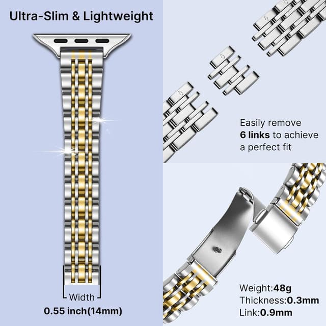 Detalle de Fullmosa Slim Metal Straps for Apple Watch (46mm–49mm), 7‑link stainless steel bands for women, Silver & Gold