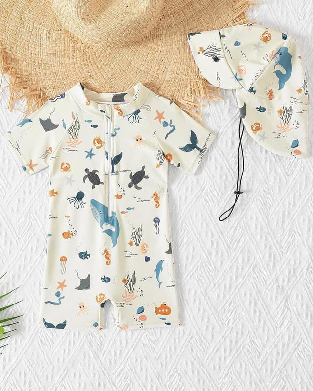 Detalle de DivingBirds UV-Badebekleidung Baby: Badeanzug mit Hut, UPF 50+ für Babys & Kinder (3 Monate–4 Jahre)