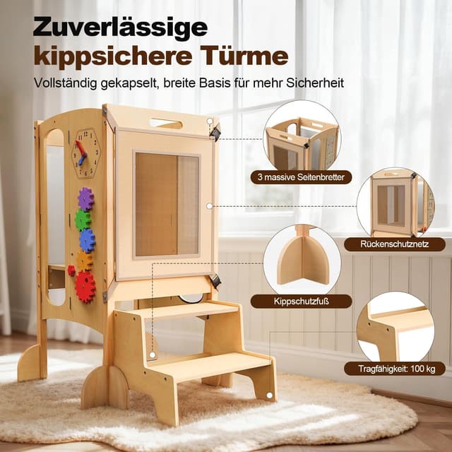 Detalle de SOFTHOM Montessori Lernturm ab 1 Jahr – klappbar, höhenverstellbar mit 360° Sicherheitsnetz und Holz-Tritthocker