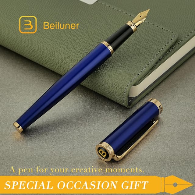 Thumbnail 6 de BEILUNER Luxury Fountain Pen with Piano Lacquer Finish, 24K Gold Accents and Fine Gilded Nib (Blue & Gold)