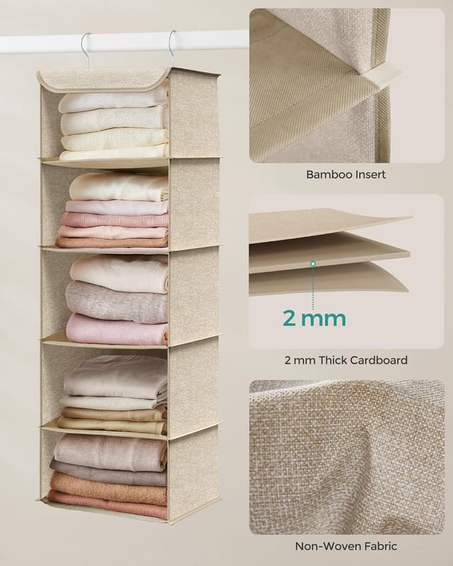 Detalle de SONGMICS RCH005Y01 hanging wardrobe storage shelves with metal hooks and bamboo inserts