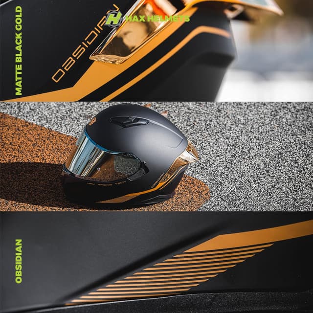 Detalle 2 de HAX Obsidian Full Face Dual Visor Adult Motorcycle Helmet (Pinlock Ready, DOT Approved) — Matte Black Gold, Size L