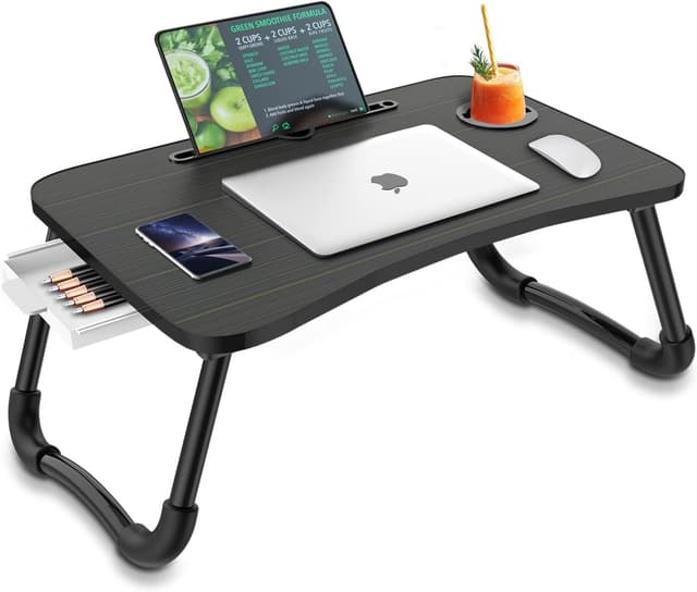 Detalle de Zapuno Foldable Laptop Bed Table with Storage Drawer, Cup Holder & Phone/Tablet Slot (Arc Shape)