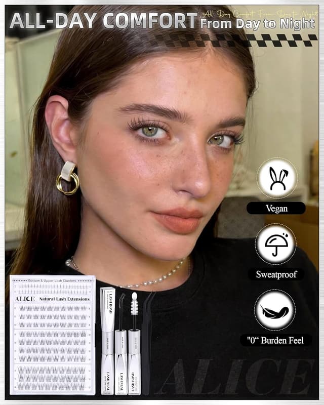 Detalle de ALICE Short Lash Clusters Kit (8mm–10mm–12mm) with Clear Band, Bond & Seal for DIY Wispy Lash Extensions