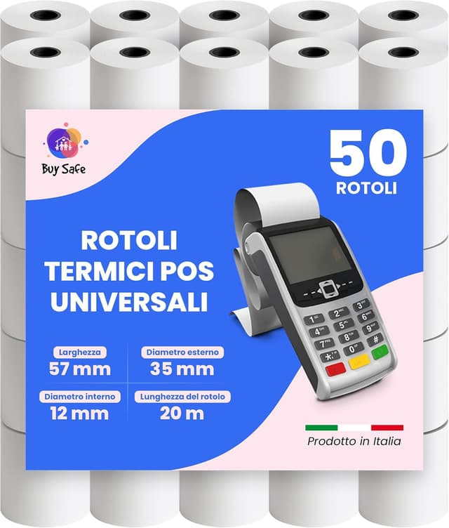 Detalle de BUY SAFE 50 rotoli POS universali in carta termica 57 mm x 20 m (BPA free), made in Italy