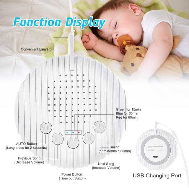 Detalle de URAQT White Noise Machine (10 soothing sounds) – USB rechargeable portable sleep sound machine with timer memory