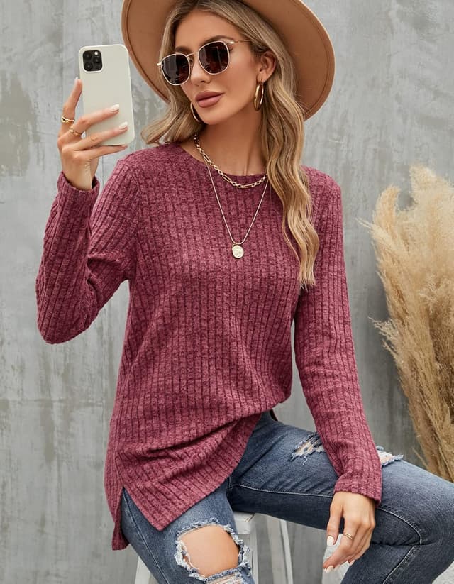Detalle de Odosalii Damen Pullover mit Rundhalsausschnitt und Langarm – gestreifter Strickpullover mit Seitenschlitz