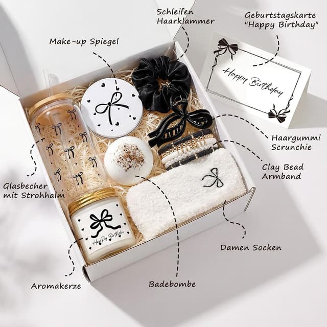 Detalle de Giftota Geburtstagsgeschenk-Set für Frauen in schwarzer Schleifen-Geschenkbox mit Duftkerze, Badebombe und Beauty-Accessoires