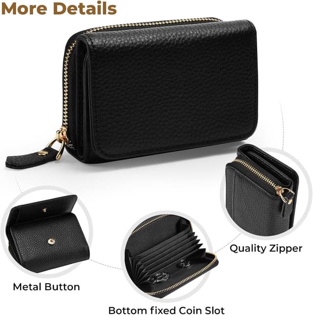 Detalle de RRANCharltu kleine Portemonnaie Damen aus Leder mit RFID-Schutz (10 x 7,5 x 3,5 cm) – Schwarz