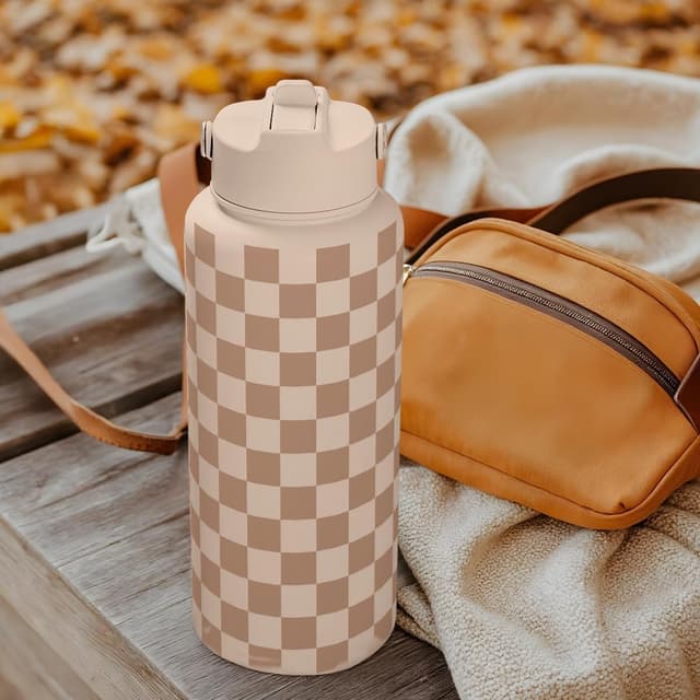 Thumbnail 6 de Checkerboard Water Bottle 32oz Stainless Steel with Lid & Straw (Beige Checker) — Insulated Sports Bottle