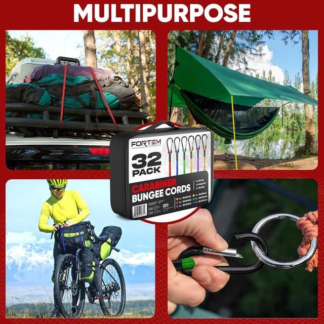 Detalle de FORTEM Carabiner Bungee Cord Assortment (32-pack) with Coated Metal Hooks