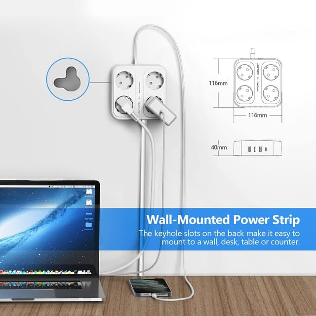 Detalle 2 de JSVER Ciabatta Multipresa compatta con 4 prese AC e USB (3×USB-A + USB-C) con interruttore e protezione da sovratensione, bianco (5 m)