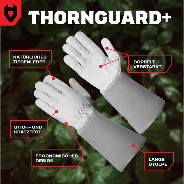 Detalle 2 de NoCry Leder-Gartenhandschuhe mit Dornenschutz, lange Stulpe und verstärkten Fingerspitzen – Grau, Größe XL