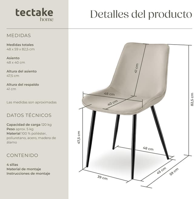 Thumbnail 1 de tectake Sillas de Comedor Aterciopeladas crema