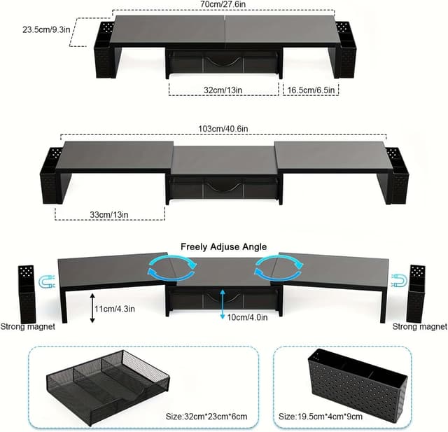 Detalle de Pygocereri dual monitor stand riser with drawer and pen holders (adjustable height/angle) – metal black