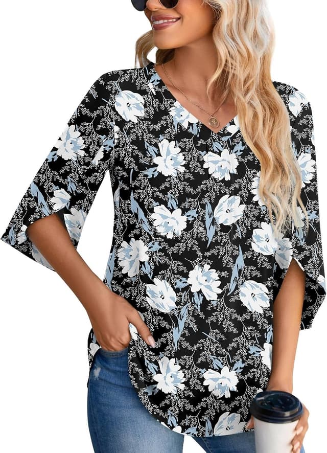 Detalle 2 de Aodemo women’s chiffon blouse V-neck tunic with 3/4 sleeves (loose office-to-casual top)