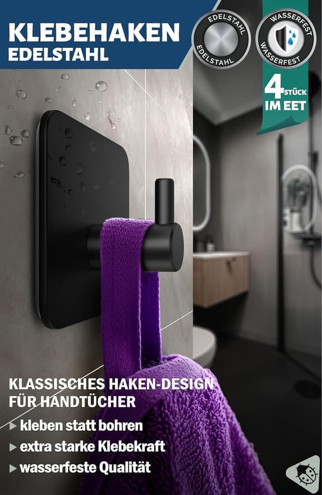 Thumbnail 1 de Menz portasciugamani nero senza foratura: set di 4 ganci adesivi in acciaio inox
