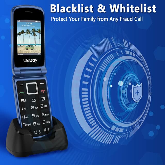 Detalle de Uleway 4G Big Button Senior Flip Phone with SOS Button, Charging Dock and 2.4" + 1.8" IPS Screen (Blue) — SIM-free unlocked