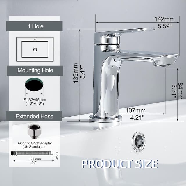 Detalle 2 de BELZ Modern Basin Mixer Tap (Single Lever) – Chrome brass bathroom faucet with hot & cold mixer
