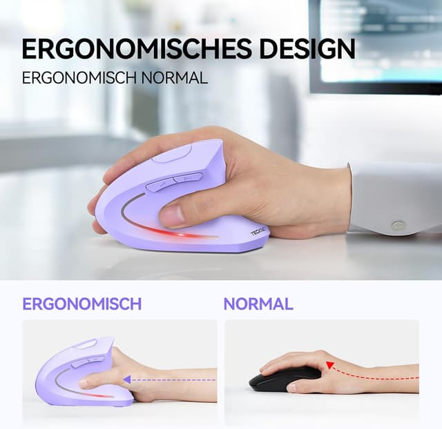 Detalle de TECKNET ergonomische vertikale Maus (kabellos, Bluetooth 5.0 + 3.0 + 2,4G, 4800 DPI, 6 Tasten)