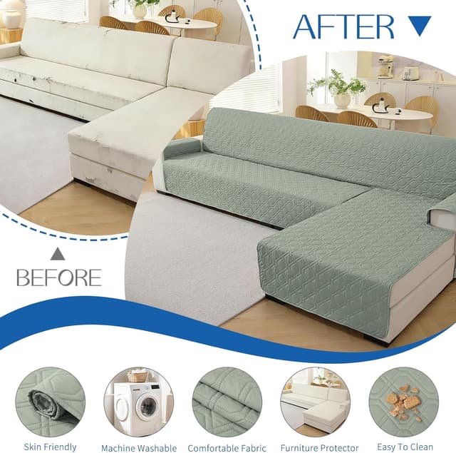 Detalle de YSTELLAA Impermeabile copridivano 3 posti con penisola reversibile (destra/sinistra) antiscivolo e antigraffio, verde chiaro