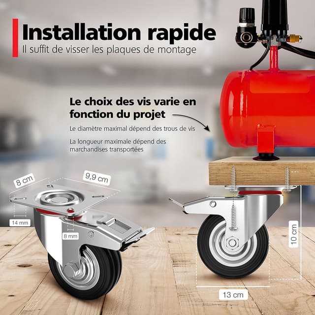 Detalle 2 de RAVN HAMAN : set de 4 roulettes pivotantes pivotantes 100 mm avec frein, charge jusqu’à 70 kg par roue