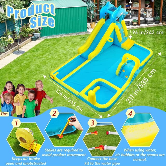 Detalle 2 de Giant Dolphin Inflatable Water Slide & Splash Park with Deep Pool, Water Cannon and 550W Blower