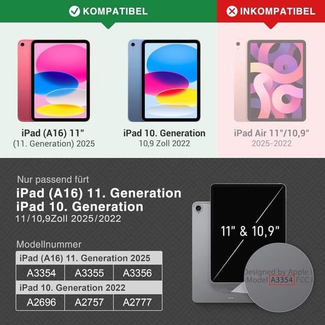Detalle 2 de KingBlanc Schutzhülle für iPad 11 (A16, 11. Generation 2025) & iPad 10,9 (10. Generation 2022) – mit Stifthalter, Auto Schlaf/Wach & Ständer, Schwarz