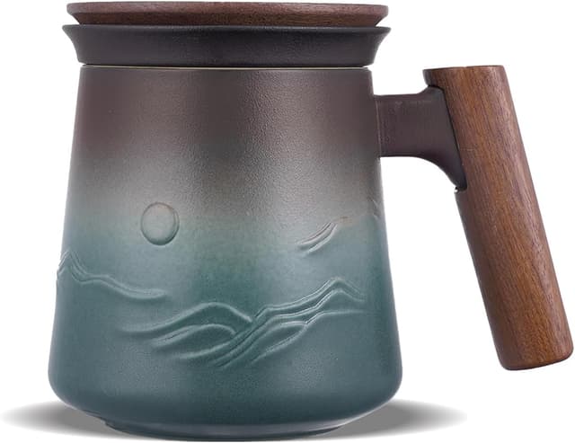 Detalle de ZENS Embossed Ceramic Tea Mug with Infuser and Lid (14.5 oz) — Wood Handle & Loose-Leaf Steeper