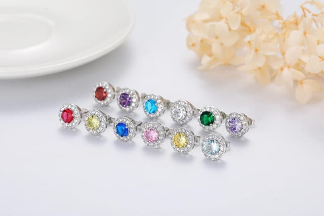 Detalle de MASOP Ohrstecker Silber 925 mit Geburtsstein & Zirkonia – runde Ohrringe (10 mm)