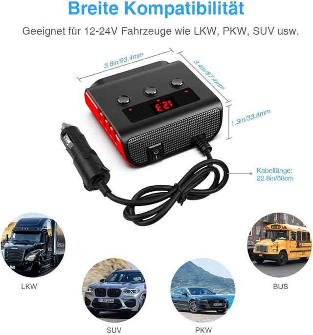 Thumbnail 2 de SONRU Auto Ladegerät Adapter 3 Fach KFZ USB