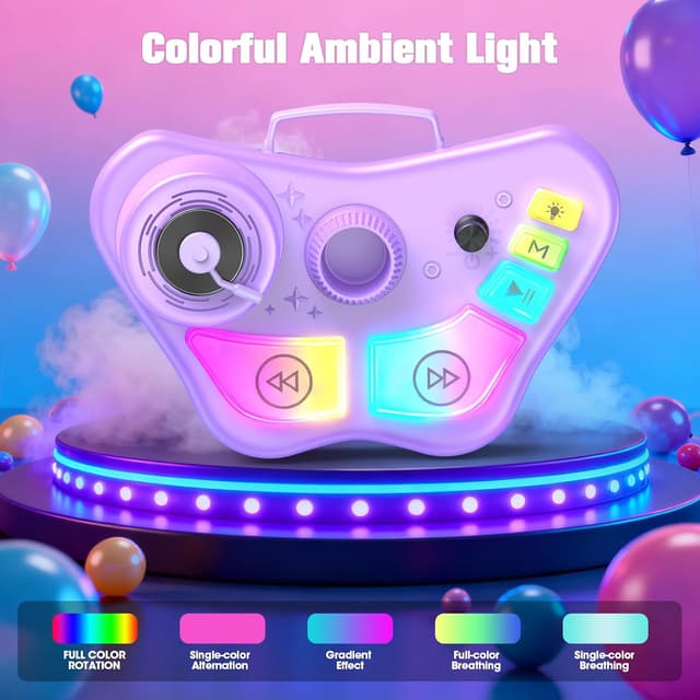 Detalle de Dislocati set karaoke per bambini con 2 microfoni, luci LED e altoparlante portatile (supporto regolabile fino a 108 cm) – Viola