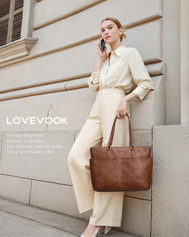 Detalle de LOVEVOOK 15.6-Inch Laptop Bag for Women — Vintage Vegan Leather Work Tote with Cup Holder