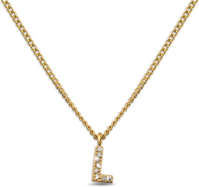 Detalle de GD GOOD.designs collana con iniziali in zirconi placcata oro 18 carati, catena in acciaio inossidabile