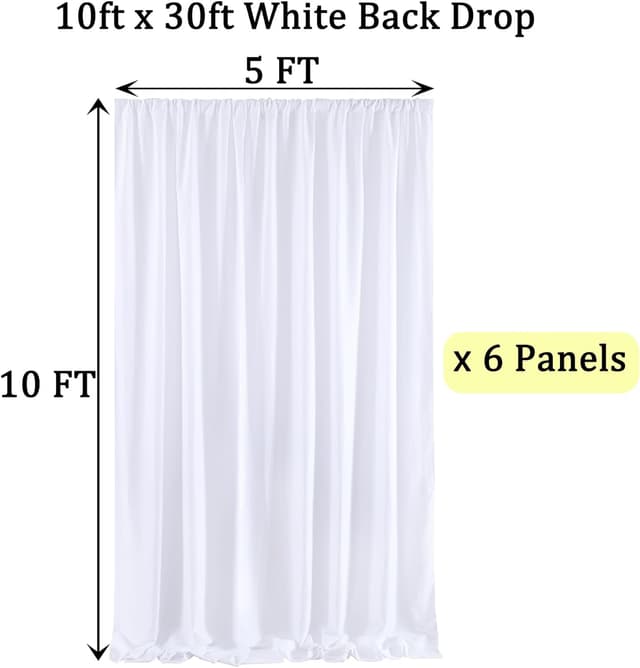 Detalle de Htper 30ft x 10ft White Backdrop Curtain Panels (6-Pack) for Weddings, Birthdays & Photo Backdrops