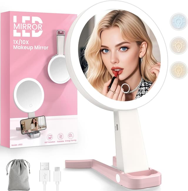 Detalle de FZIFZI Makeup Mirror with Lights (10X/1X) – Rechargeable LED Magnifying Vanity Mirror, Pink