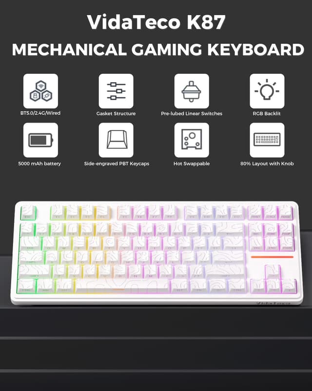Detalle de K87 80% kabellose mechanische Gaming-Tastatur mit Hot-Swap (3/5-Pin), Dreifachmodus Bluetooth 5.0/2,4G/USB-C und 5000-mAh-Akku, QWERTY weiß