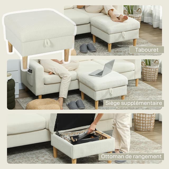 Detalle 2 de HOMCOM Canapé 3 places en velours côtelé beige avec repose-pieds et rangement