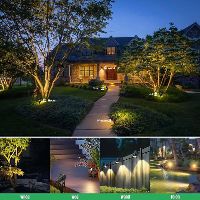 Detalle de HUAEU LED-Gartenbeleuchtung 26 m Bodenstrahler-Set (8-in-1), 3000K Warmweiß, 12V, IP65