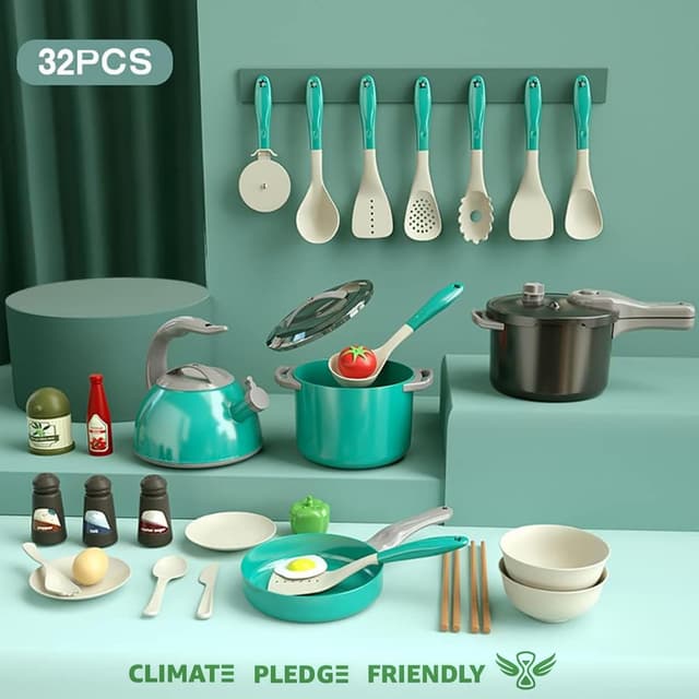 Detalle 2 de Bruvoalon 32-Piece Kids Play Kitchen Toys Set (Toddlers Pretend Cooking Set) – Green