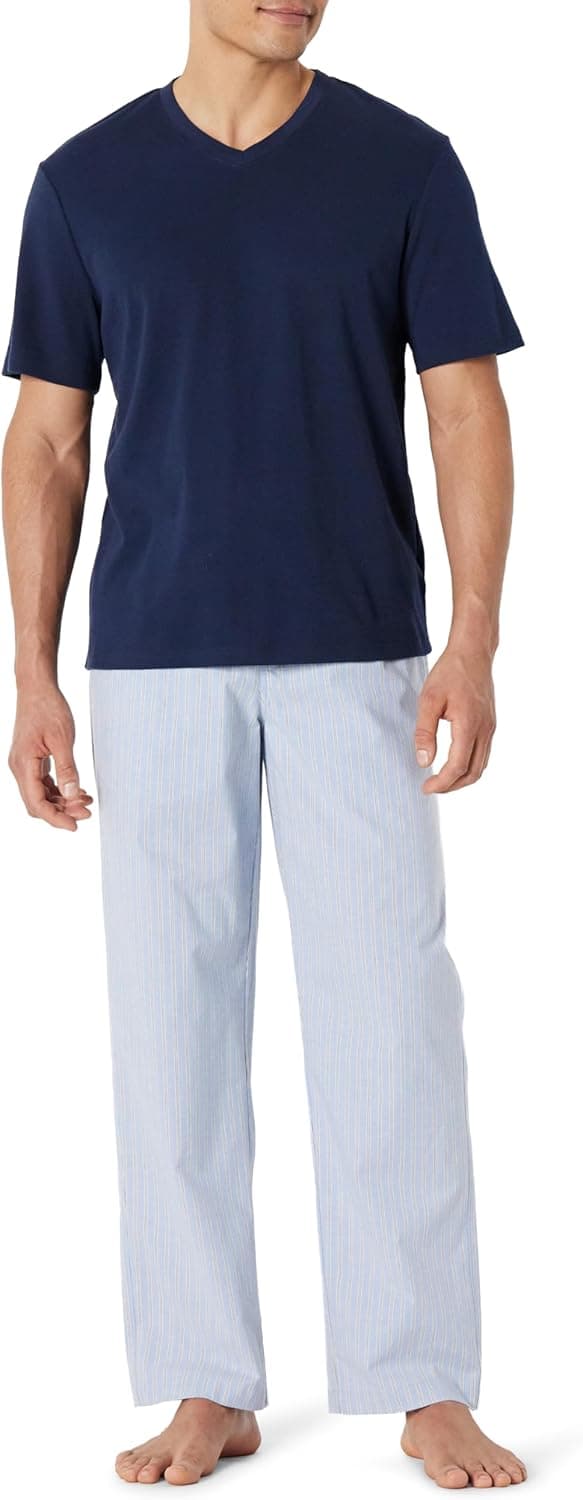 Detalle de Amazon Essentials Herren Pyjama-Set aus Baumwoll-Stretch-Popeline mit T-Shirt aus Baumwoll-Jersey