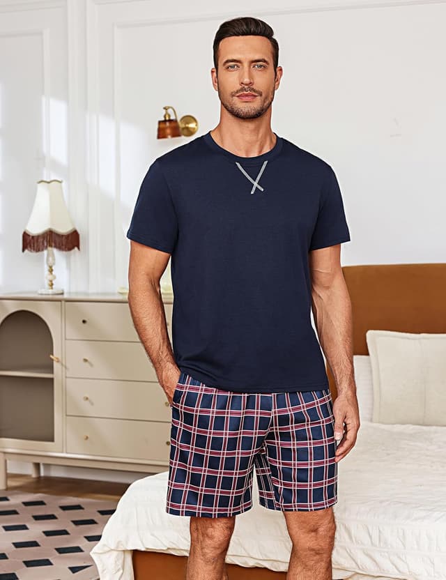 Detalle de Demegimi Men’s Short Pyjama Set Summer Nightwear – Soft Cotton Blend T-Shirt & Shorts Lounge Set